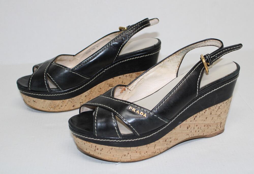 Prada Black Leather Cork Wedge Slingback Sandals Peep Toe Womens EU 36.5 US 6